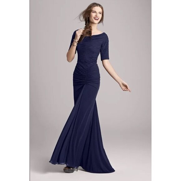 Tadashi Shoji size L maxi dress gown navy blue ruched mesh asymmetrical neck - Picture 1 of 5